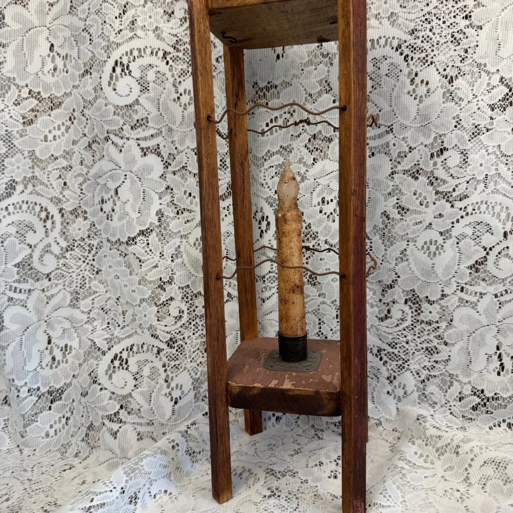 Primitive Wood and Wire Lantern with Faux Taper Candle Rustic Folk Art Farmhouse